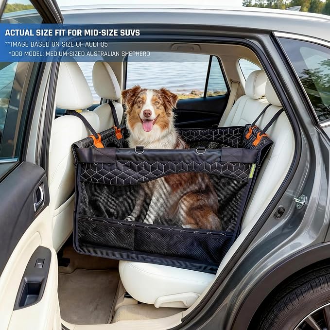Dog Car Seat for Large Medium Dogs, Back Seat Extender for Pets with Hard Bottom, Waterproof Dog Seat Cover with 3 Mesh Windows, Removable Fleece Mat for Cars SUVs Trucks