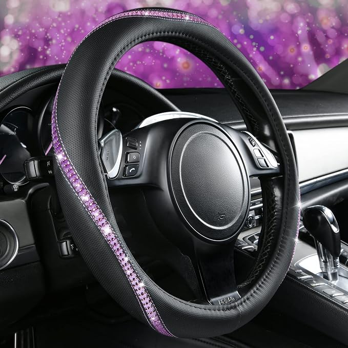 Bling Diamond Black Leather Steering Wheel Cover, Studded Crystal Rhinestones Universal Fit 14" 1/2-15" Glitter for Women Sparkle Girl Fit Suvs,Vans,Sedans,Car,Trucks, Purple Diamond