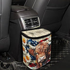 Highland Cattle Daisy Print Car Trash Can with Lid, American Flag Wood Leak Proof Auto Trash Bag Hanging Vehicle Garbage Can Multipurpose Storage Container for Back Seat Road Trip
