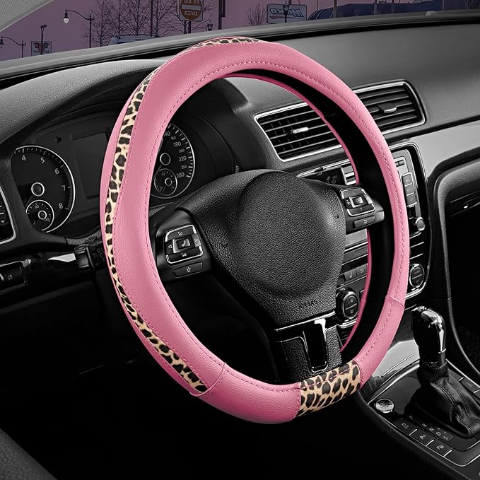 Steering Wheel Cover - Flat Bottom Wheel Cover Made with PVC Leather and Leopard Fabric - Universal Fit for 15-Inch D-Shaped Automotive Steering Wheels (Pink Color)