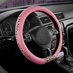 Steering Wheel Cover - Flat Bottom Wheel Cover Made with PVC Leather and Leopard Fabric - Universal Fit for 15-Inch D-Shaped Automotive Steering Wheels (Pink Color)