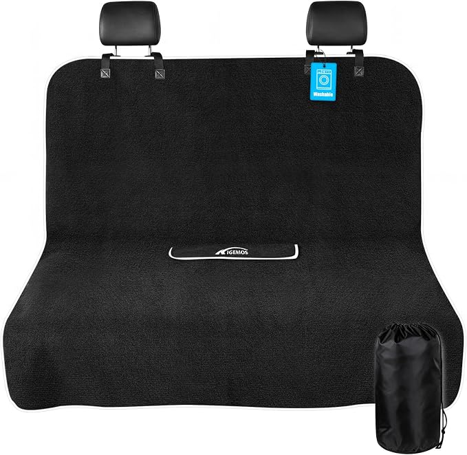 Rear Bench Seat Cover, Waterproof, Sweatproof, Non-Slip Protector for Back Seat, Dual-Layer Microfiber Terry, Universal Fit for Cars, Trucks, SUVs – Embroidered Design (Black, 1 Pack)