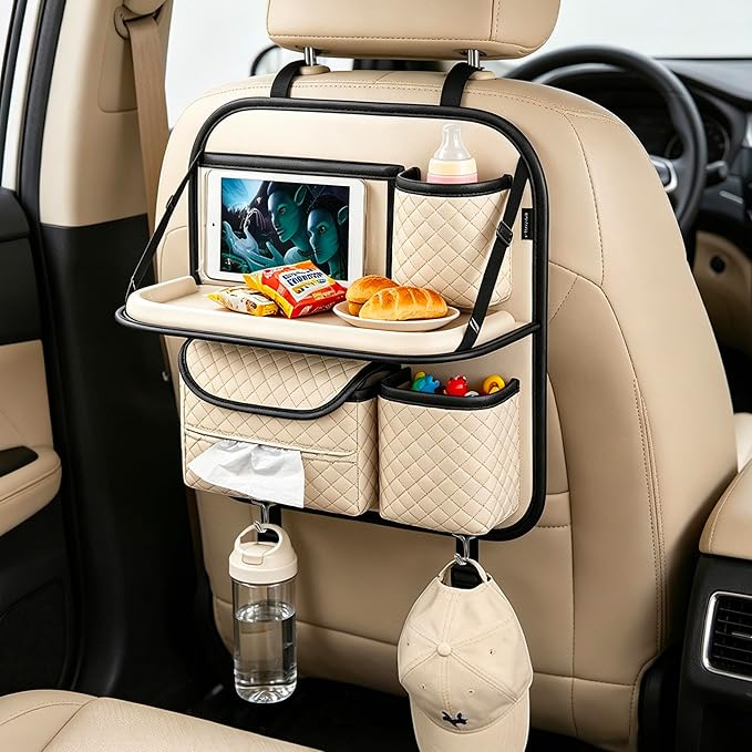 PU Leather Backseat Car Organizer with Tray, Cup Holder, Tablet Pocket & Tissue Holder, Back Seat Car Organizer for Kids and Women, Universal Car Seat Storage Organizer (Beige)