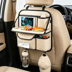 PU Leather Backseat Car Organizer with Tray, Cup Holder, Tablet Pocket & Tissue Holder, Back Seat Car Organizer for Kids and Women, Universal Car Seat Storage Organizer (Beige)