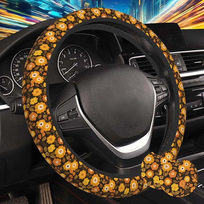 70s Retro Groovy Orange Flower Steering Wheel Cover for Women, Anti-Slip Car Steering Wheel Cover with 2 Pcs Cup Holders Neoprene Breathable Car Accessories Universal 15 Inch Auto Interior Decor