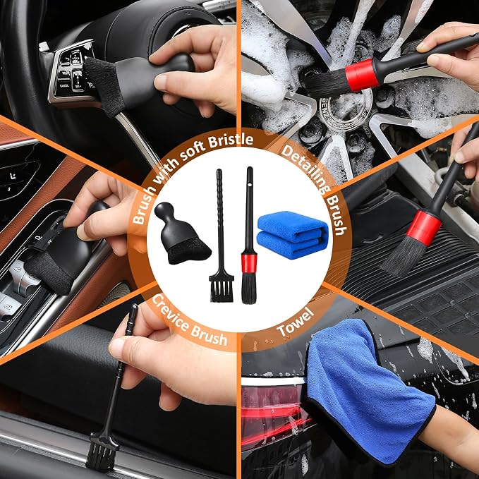 10pcs Windshield Cleaning Tool Inside Car Window Cleaner Wash Kit with 4 Reusable Microfiber Pads 1 Spray Bottle and Extendable Handle Interior Auto Glass Wiper Kit, Orange