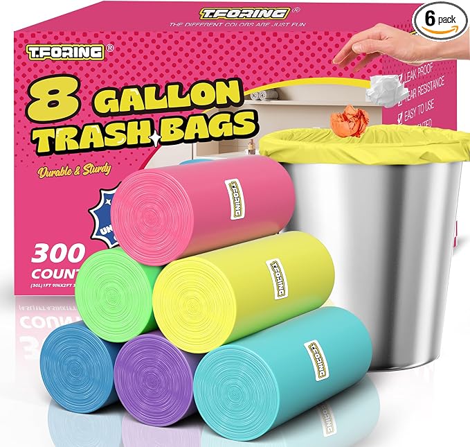 Medium 8 Gallon Trash Bags Unscented, 0.94 Mil, Colored, 300 Count | 30 Liter Garbage Bag, Plastic Waste Basket Can Liners, Thick, Leakproof, Tear Resistant, for Bathroom Office Kitchen Bulk