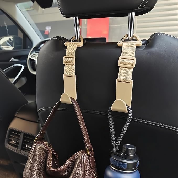 Headrest Hooks for Car Adjustable 4 Pack Vehicle Seat Back Organizer Storage Hanger Holder for Purse Bags Universal Fit with Clip Beige