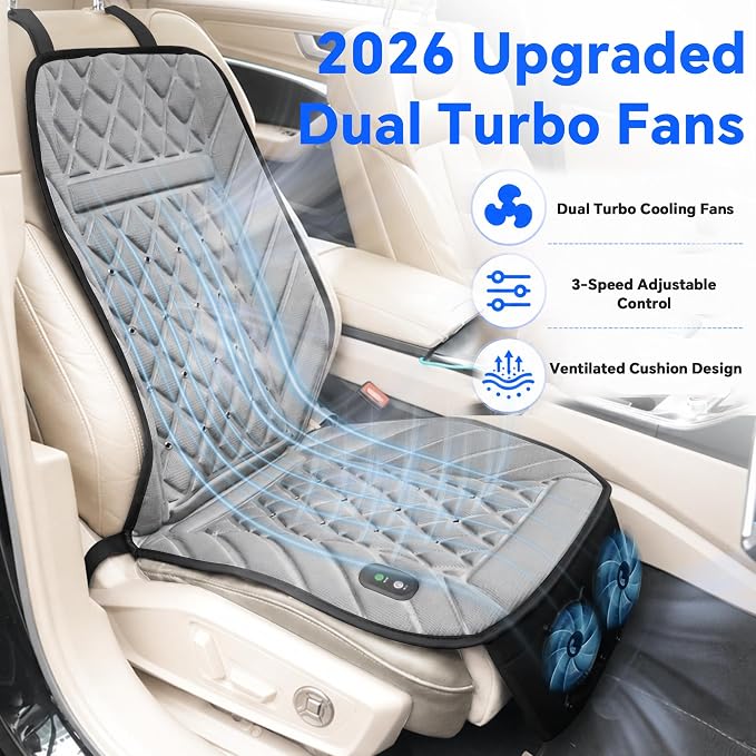 2026 Upgraded Ventilated Seat Cushion, 12V-24V Cooling Car Seat Cover for Front Seat, Cooled Seat Pad for Office Chair Sofa Car SUV Truck Universal Fit,Silver Gray