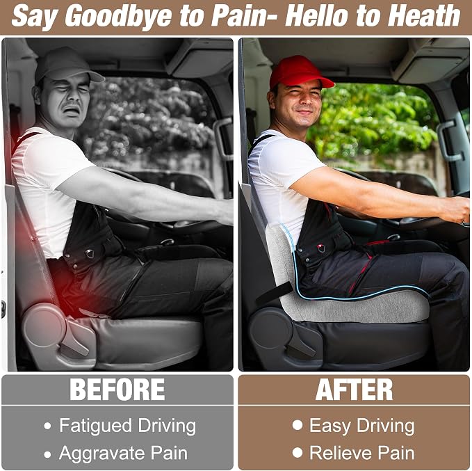 Truck Seat Cushion, Memory Foam Trucker Seat Cushion for Truck Driver Long Sitting with Adjustable Strap, Back Support and Pain Relief for Trucker Driving Office Chair and Pain, Light Gray