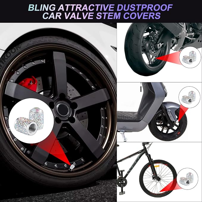 Car Wheel Tire Valve Caps, 4 PCS Bling Tire Valve Caps, Crystal Tire Caps Shinny Rhinestone for Women, Universal Car Dustproof Tire Valve Caps for Cars, Trucks, SUV and Motorcycles (AB)