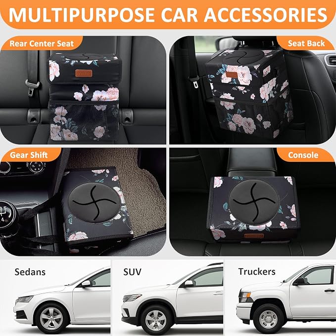 4.2 Gallons Car Trash Can with Lid, Bag Bin Hanging Waterproof Automotive Car Garbage Cans Leak Proof Vehicle Trash Can for Truck SUV,Black Floral