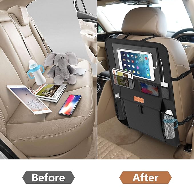 Non-Slip Backing Backseat Car Organizer Kick Mat with Storage Pockets, Large Waterproof Baby Car Seat Protector for Leather and Fabric (Black)