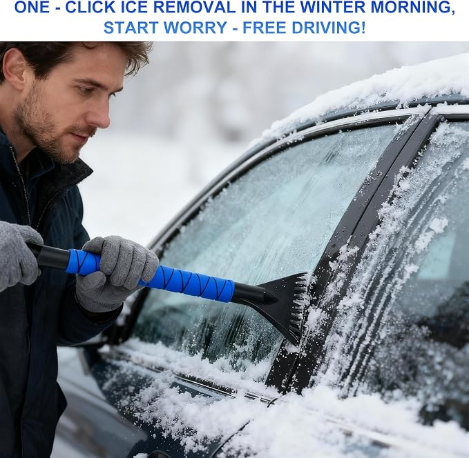 26" Snow Brush & Ice Scraper for Car Windshield and Window | 2 - in - 1 Winter Tool with Premium Bristles for Cars/SUVs/Trucks — Rotating Head, Heavy - Duty ABS | Ergonomic Foam Grip (FrostHug Blue)