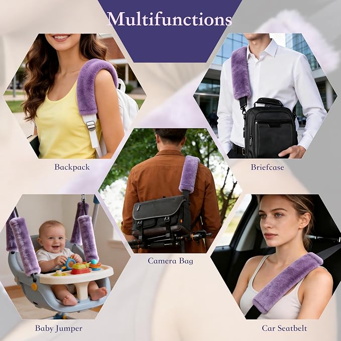 Soft Faux Fur Universal Fit Seatbelt Cover Car Truck SUV Airplane Seat Belt Shoulder Pad for Carmera Backpack Straps Neck Cushion Protector 2 Pack 10.5in Light Lavender