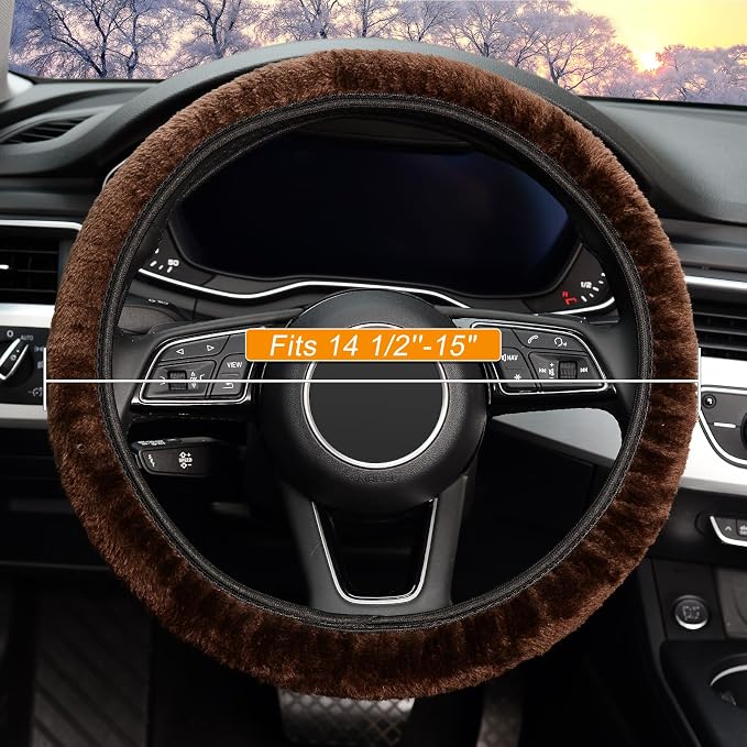 Elastic Long Microfiber Plush Steering Wheel Cover for Winter Warm, Universal 15 inch, Anti-Slip, Odorless, Brown
