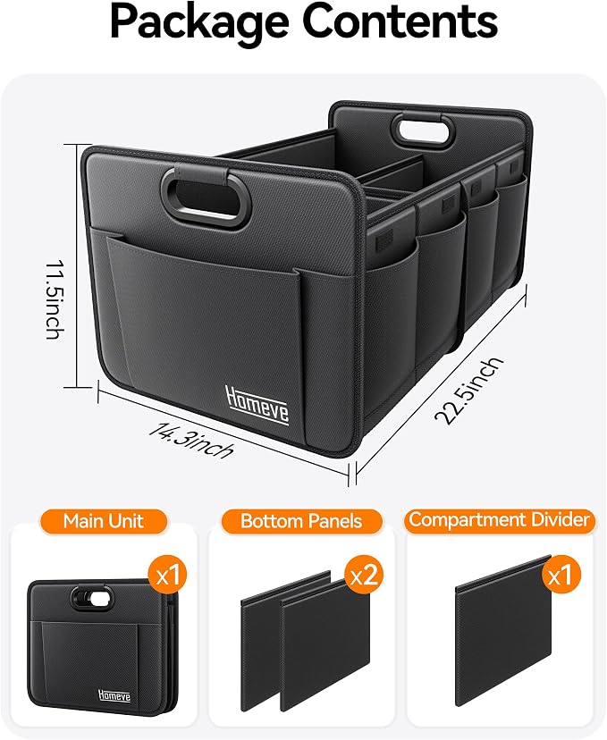 Car Trunk Organizer for SUV, 15.5Gal Large Capacity No-Sag Heavy Duty, Foldable Waterproof Anti-Slip Storage with 12 Pockets, Fit Sedan,Truck, Universal Car Accessories, Black, 2 Compart,Medium