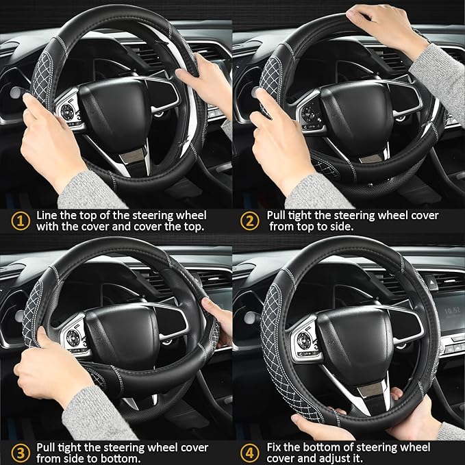 Customized Auto Car Steering Wheel Cover for Hyundai,Tucson,Sonata,Elantra,Santa Fe,Genesis,Sonata Hybrid,Azera,Venue,Kona, 14.5-15 inches(Diamond Quilted-Black+Gray-Standard Size)