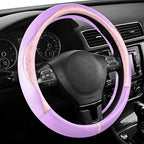 Steering Wheel Cover, Pink Patterned & Light Purple Leather Patchwork Design, Universal Fit 14.5"–15.5", Anti-Slip, Soft PU Grain Leather, Durable Grip Car Accessory for Girls & Women