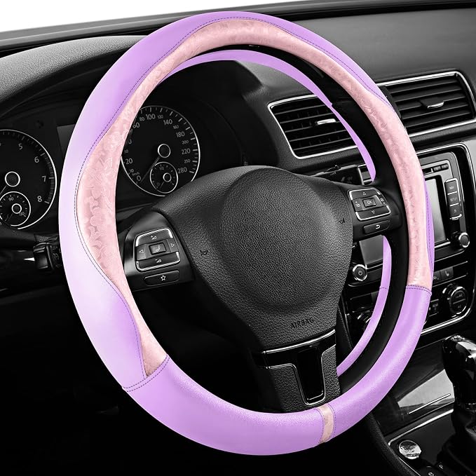 Steering Wheel Cover, Pink Patterned & Light Purple Leather Patchwork Design, Universal Fit 14.5"–15.5", Anti-Slip, Soft PU Grain Leather, Durable Grip Car Accessory for Girls & Women