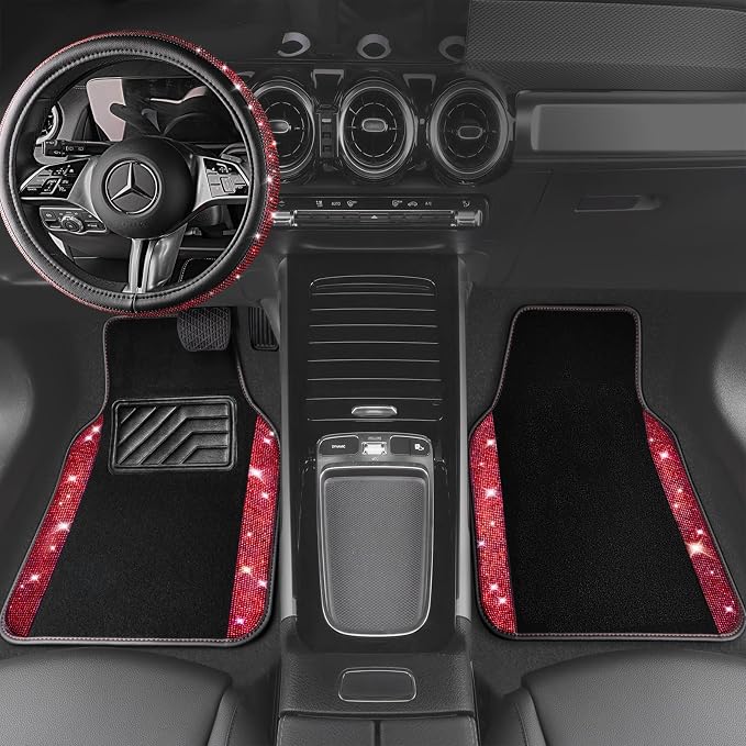 Bling Diamond Leather Steering Wheel Cover 14.5in-15in Floor Mats Shining Rhinestone Carpet Sparkly Glitter Crystal Anti-Slip Pad Fit Automotive SUV Pickup Truck Girl Women, 5pcs Black Red