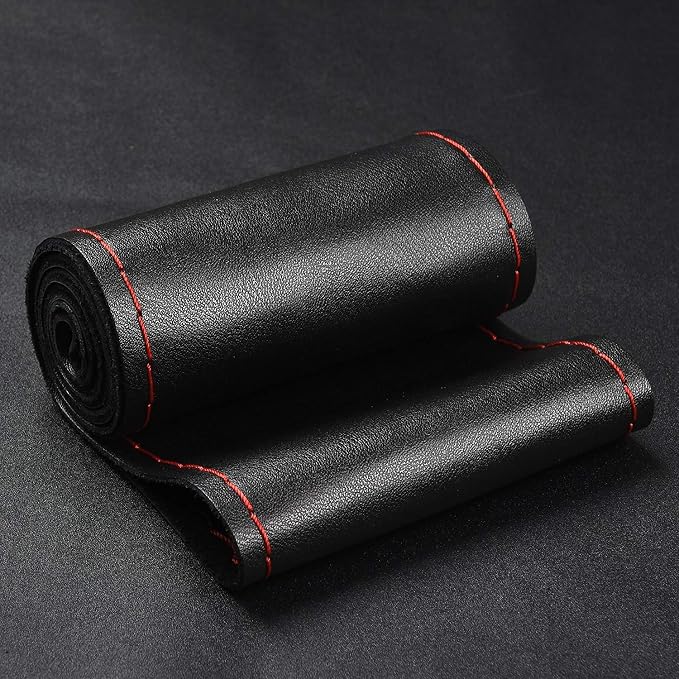 Steering Wheel Cover with Top Layer Genuine Leather and Anti-Slip Design, Soft Padding, Breathable, Universal 15 Inch Stitch on Wrap