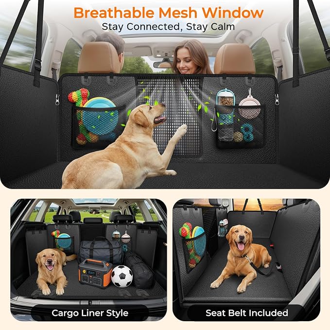 Upgraded PU Leather Back Seat Extender for Dogs - Large Hard Bottom Dog Car Seat Cover Holds 550lbs, Waterproof Dog Hammock Pet Bed with High-Density Foam Non-Slip Backseat Protector