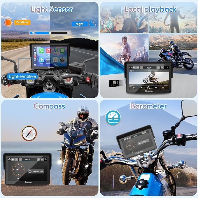 Carpuride W502B Pro for B.M W Motorcycle CarPlay & Android Auto & Dual Bluetooth, 5" Waterproof GPS Navigation Screen for Motorbike, Music Sharing, Intercom, EQ, Light Sensor, Compass, Barometer