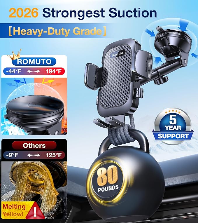 Phone Holders for Your Car Phone Holder Mount【Super Suction】 Cell Phone Holder for Car Accessories for Women Men【360° Adjustable】 Suction Phone Mount for Car, Window, Bathroom