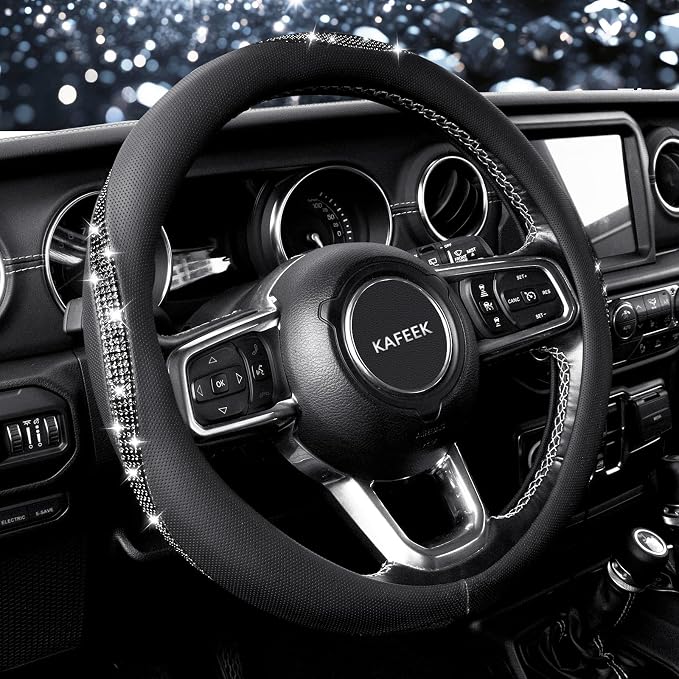 Sparkly Diamond Steering Wheel Cover, Bling Rhinestone Breathable Leather Car Protector, Universal 15 Inch Fit for Women Girls, Anti-Slip Comfortable, Black
