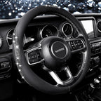 Sparkly Diamond Steering Wheel Cover, Bling Rhinestone Breathable Leather Car Protector, Universal 15 Inch Fit for Women Girls, Anti-Slip Comfortable, Black