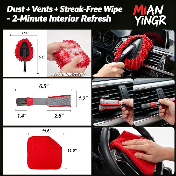 Windshield Cleaner Tool, 17Pcs Red Car Interior Detailing Kit – Stay in Seat, Inside & Out Streak-Free Clean, with Extendable Handle, Cleaning Gels & Brushes for Daily Cleaning, Pet Hair