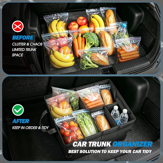 Trunk Organizer for SUV, Large Capacity Car Organizer and Storage with 4 Compartment, Foldable Trunk Organizer for Car, 60L Black