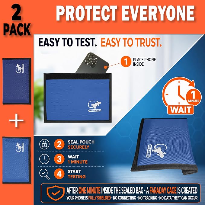 Faraday Bag for Phones & Key Fobs – RFID Shielding Privacy Pouch for Electronic Device Storage, Faraday Sleeve for Personal Data Protection (2 PACK - BLUES)