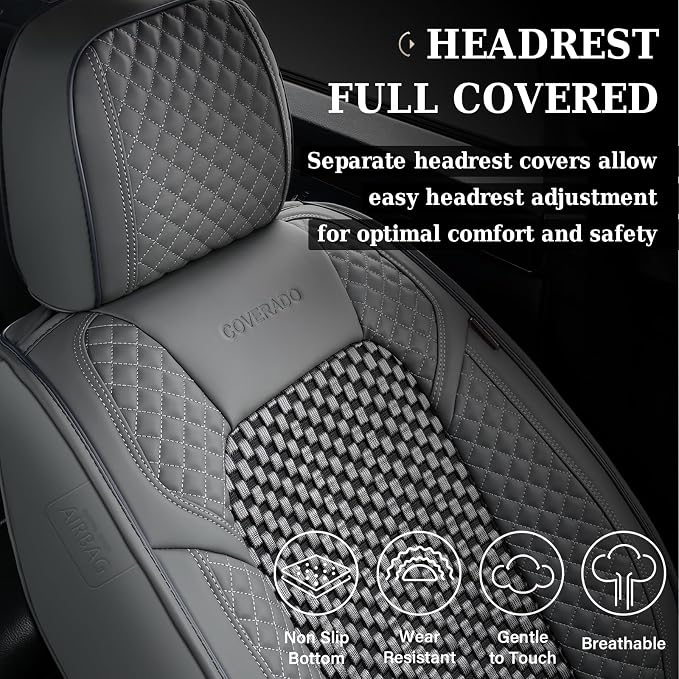 Coverado Seat Covers Full Set, 5 Seats Universal Seat Covers for Cars, Gray Car Seat Covers Front Seats Back Seat Cover, Breathable Car Seat Cushion, Leather Seat Cover Seat Protector Fit Most Cars