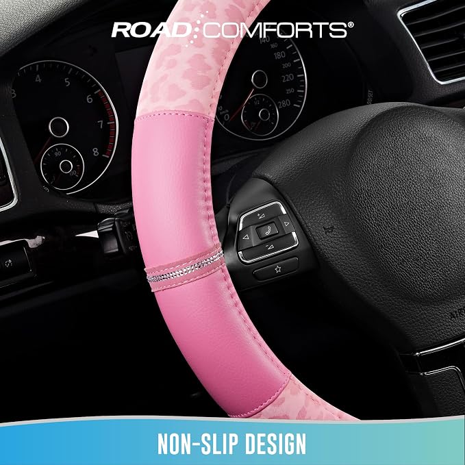 Leopard Steering Wheel Cover for Women, Cute Anti-Slip Microfiber Leather, Universal Fit 14.5-15 Inch Round Steering Wheel - Full Pink
