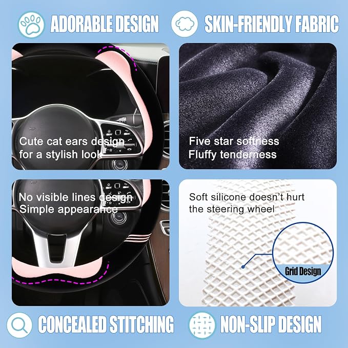 Furry Cute Soft Steering Wheel Cover 15 inch Black with Pink | Fluffy Short Plush Car Accessories, Non-Slip Cold-Proof Sweat-Proof Colorfast, Universal 14.5 inch to 15 inch