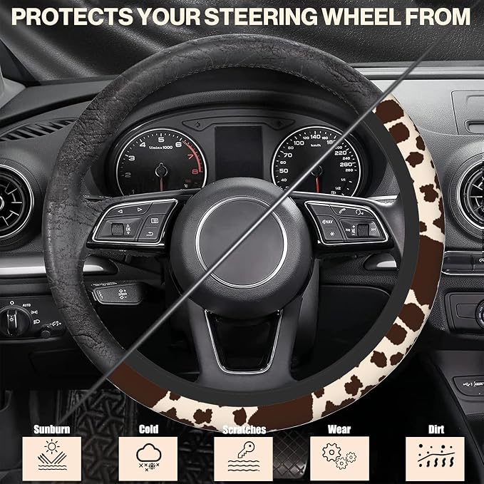 Brown Cow Print Steering Wheel Covers Universal 15 Inch Car Wheel Cover,Anti-Slip Breathable Car Accessories Protector Fit for Trucks,Sedans,SUVs,Vans