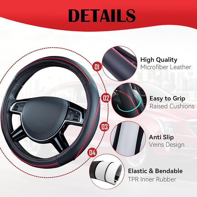 Colour Piping Leather Steering Wheel Cover,Perfectly fit for 14.5-15 inches for Various Vehicles SUVs,Vans,Sedans,Cars (Black & Red)
