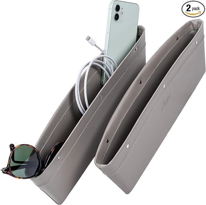 Car Seat Gap Organizer - Pack of 2 - Prevents Items Falling & Seat Gap Filler - Universal Fit 0.5"-2" Slots & Automotive Use - Easy Clean Design for Auto Accessories - Gray Faux Leather