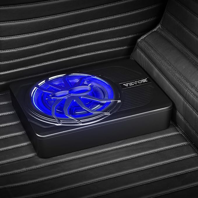 10" 440W Underseat Car Subwoofer, Slim Powered Car Subwoofers with Blue Ambient Light, Low Profile Audio Sub Under The Seat with Built-in Amplifier, Remote Controller for SUVs, Car, Truck, RV