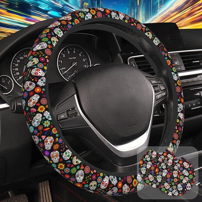 Day of The Dead Sugar Skull Steering Wheel Cover with 2 Pcs Car Coasters Neoprene Steering Wheel Cover for Women Men Anti-Slip Breathable Car Accessories Universal 15 Inch Fit Auto Cars Trucks