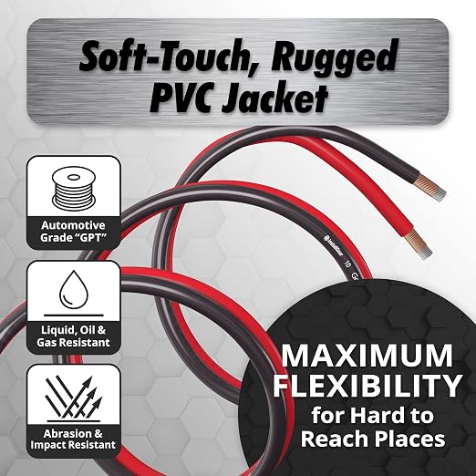 10 Gauge Wire (50ft) Copper Clad Aluminum CAA - Primary Automotive Wire, Car Amplifier Power & Ground Cable, Battery Cables, Car Audio Speaker Stereo, RV Trailer Wiring Welding Cable 10ga