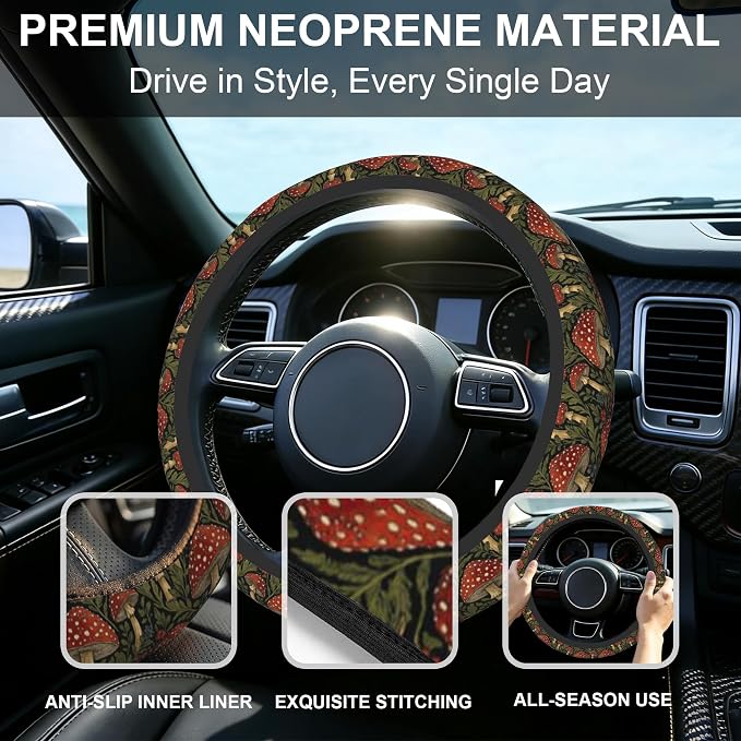 Vintage Mushroom Steering Wheel Cover with 2 Car Coasters,Berry with Leaves Anti-Slip Steering Wheel Cover,Elastic Breathable Car Interior Accessories,Universal 14.5"-15" Fit Auto,SUVs