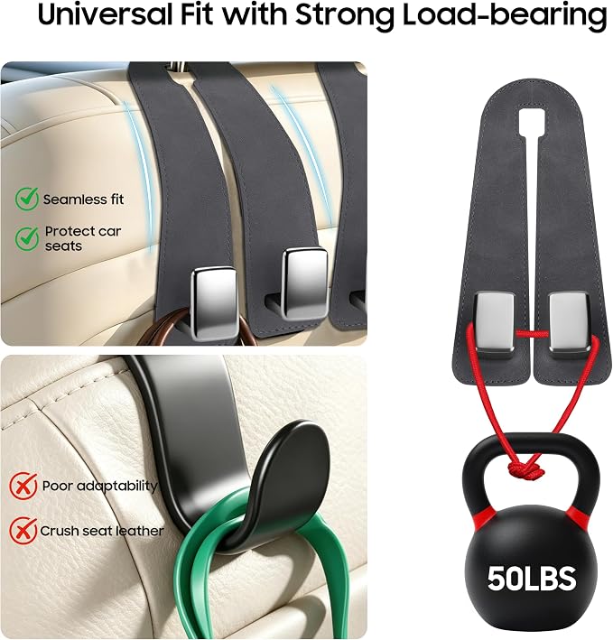 Car Headrest Hooks, Premium Suede with Metal Car Seat Back Storage Hooks for Handbag Coats Umbrella Backpack - 4 Pack, Gray