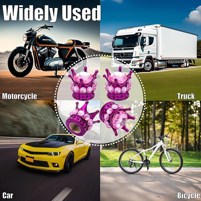 4PCS Crown Bling Tire Stem Valve Caps, Crystal Diamond Car Wheel Tire Valve Caps Universal Copper Core Stem Covers for Cars, SUV, Trucks, Bikes, Motorcycles, Bicycles (Purple & Pink)