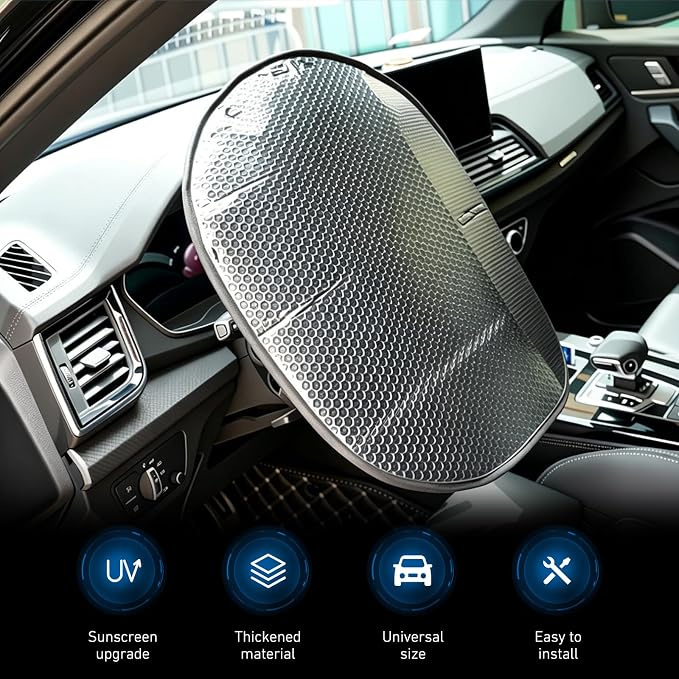 Steering Wheel Sun Shade Cover, Aluminum Foil Heat Resistant Steering Wheel Cover, 18" Slip-on Steering Wheel Sun Protector, Fit for Most Car SUV Van (Silver)