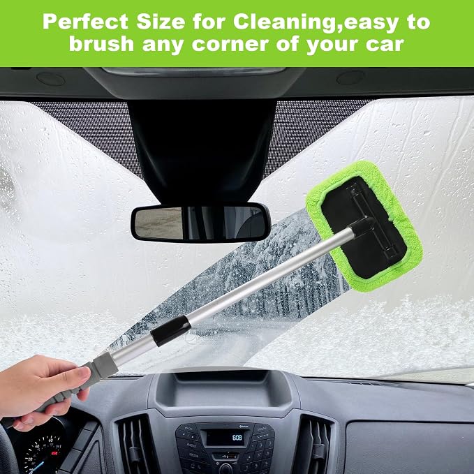 XINDELL Windshield Cleaner Tool – Car Window Cleaning Tool 22inch Extendable Long Handle for Easy Cleaning, 9pcs Reusable Microfiber Pads, Streak-Free Interior & Exterior Auto Glass Cleaner (Green)