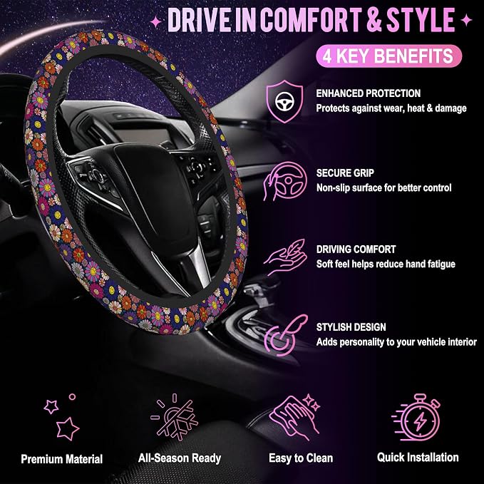 Colorful Pop Art Smiling Flower Steering Wheel Cover for Women Men Neoprene Breathable Wheel Cover Protector Anti-Slip Car Accessories Universal 15 Inch Fit for Cars Trucks Vehicles