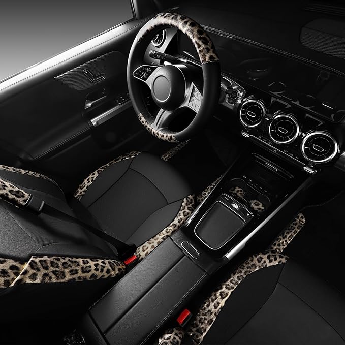 Leopard Print Faux Leather Car Seat Covers & Leopard Car Mats&Leopard Steering Wheel Cover Seat Belt Universal Car Accessories for SUV,Van,Saden,Truck Automobile Interior Sets(Gold Black)